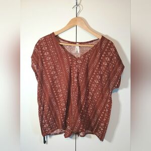 2 Dye 4 Boho Tribal Print Tie-Front Top | Rust Red | Size XL